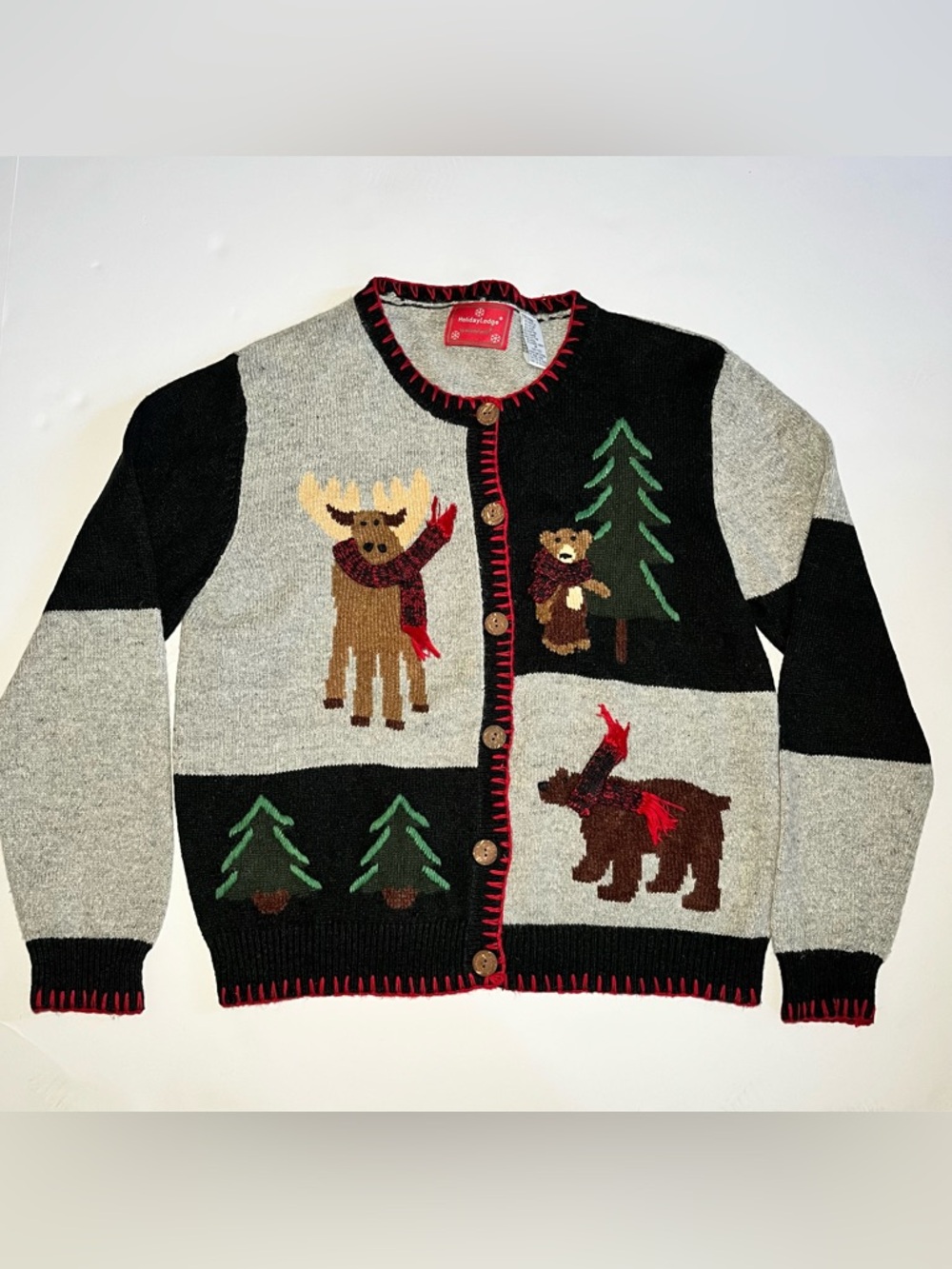Vintage Holiday Lodge Christmas Patchwork Wildlife Sweater Cardigan Moose-Bear
